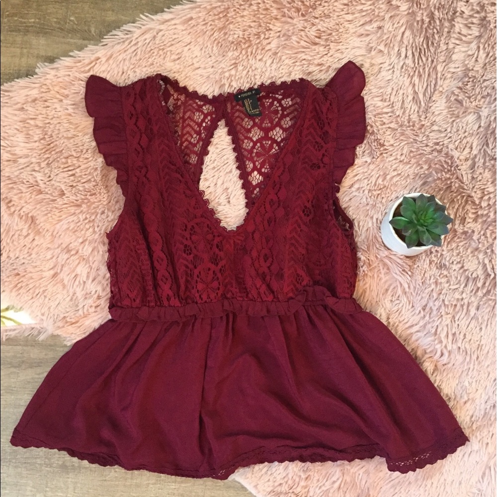 $12 SALE!! burgundy lace peplum top